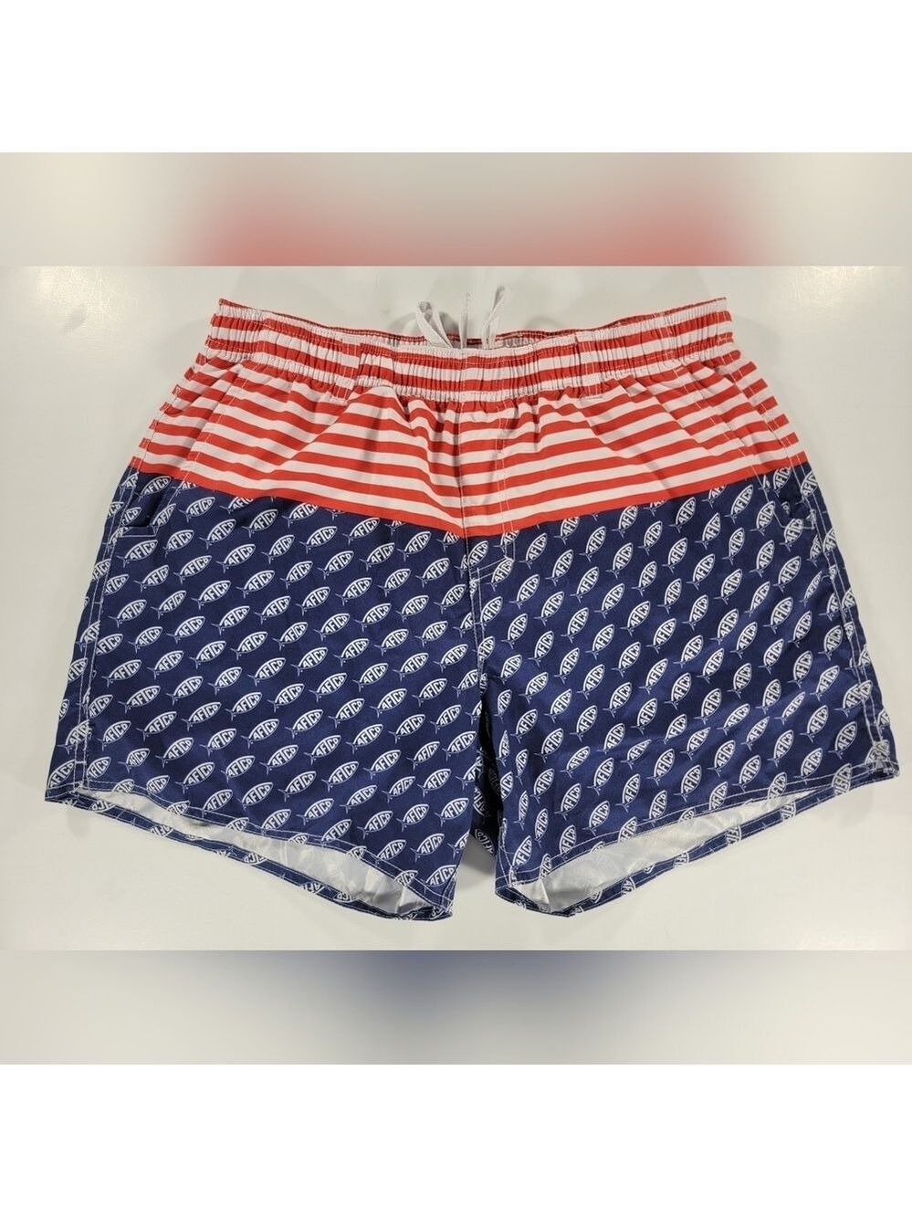 AFTCO Swim Trunks Mens Large Blue Red White USA Flag Print Bathing Suit Shorts